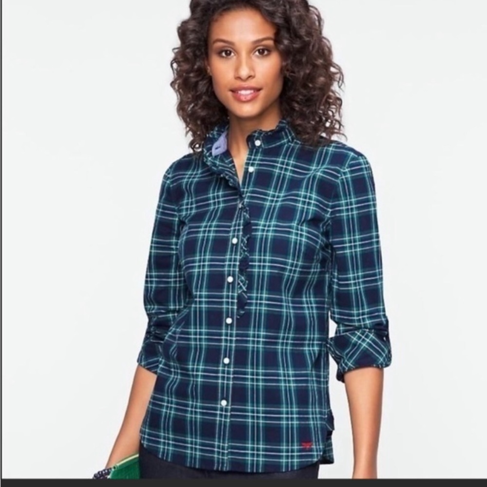 ⭐️ Talbots Plaid Button Up Roll Tab Sleeve Ruffle Front Blouse Size 12 D1